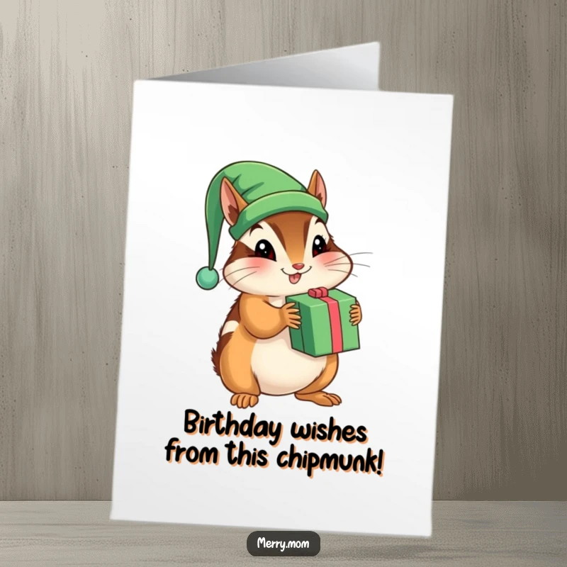 Funny Free Printable Chipmunk Elf Birthday Card: A playful chipmunk in an elf hat shakes a present with anticipation.