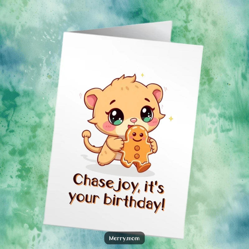 Funny free printable birthday card: a cute creature with sparkling eyes playfully chases a mischievous gingerbread cookie.