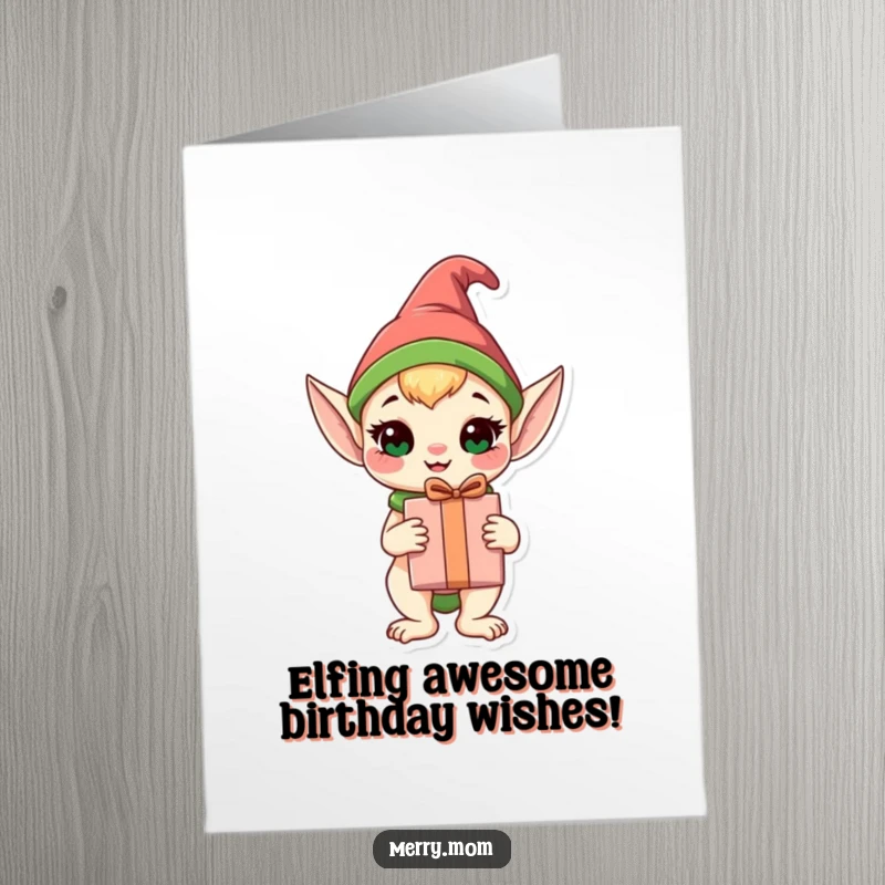 Funny Free Printable Elf Animal Birthday Card: Happy elf animal holding a wrapped gift, perfect for birthday surprises.