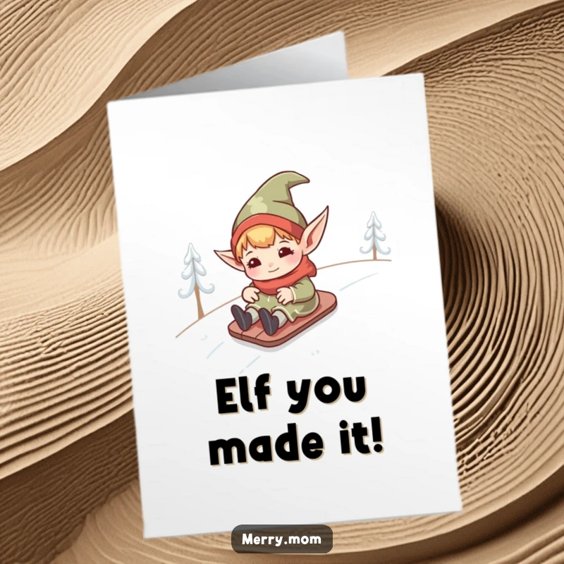 Funny Free Printable Birthday Card: Kawaii elf with pointed ears joyfully sliding down a snowy hill on a sled.