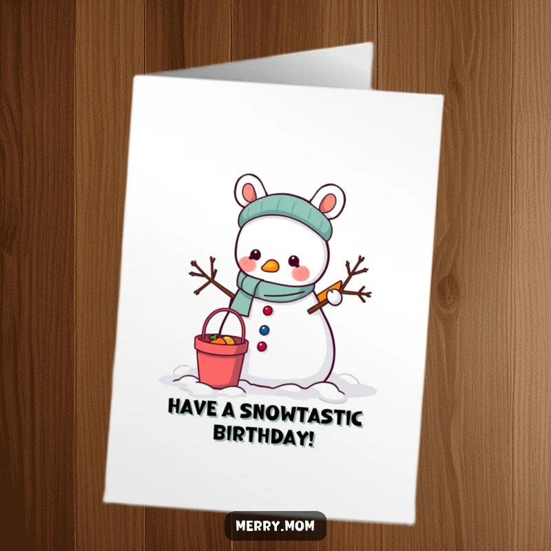 Funny Free Printable Birthday Card: Animal happily building a snowman with bucket and carrot, perfect winter downloadable greeting.