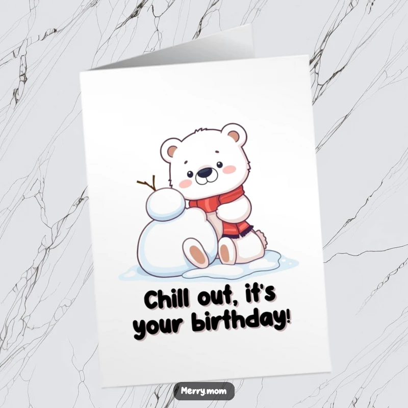 Funny Free Printable Birthday Card: Kawaii polar bear cub cheerfully building a snowman, winter fun theme.