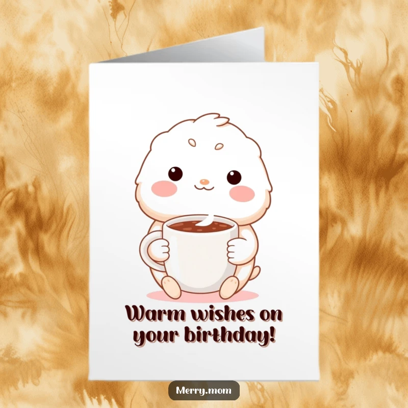 Funny free printable birthday card: a cute creature with a warm smile holds a steaming mug of hot cocoa.