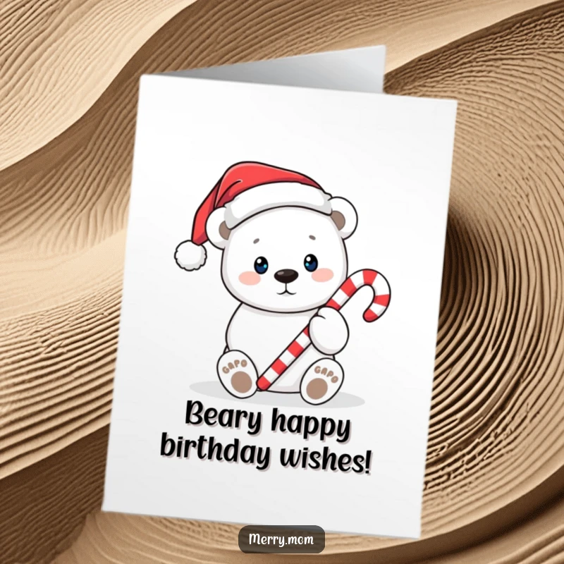 Funny Free Printable Birthday Card: Adorable polar bear in Santa hat offering a candy cane, spreading holiday cheer.