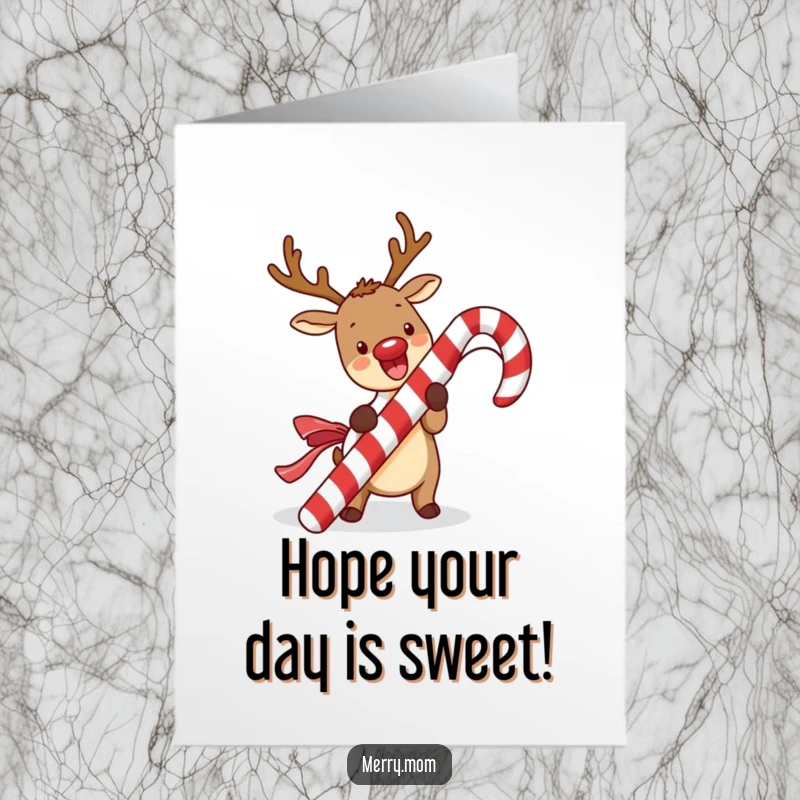 Funny Free Printable Birthday Card featuring a cute kawaii reindeer excitedly unwrapping a giant candy cane.