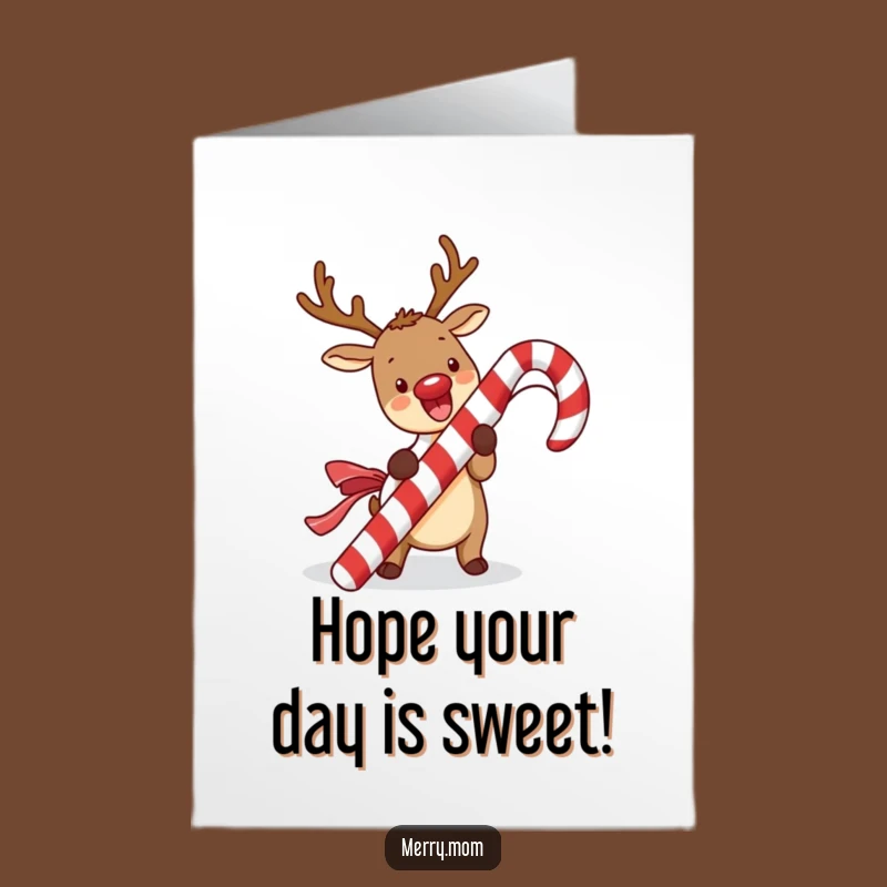 Free Printable Birthday Card: Excited Kawaii Reindeer Unwrapping Candy Cane Gift