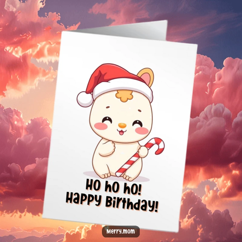 Funny Free Printable Birthday Card with a cheerful animal wearing a Santa hat and holding a candy cane