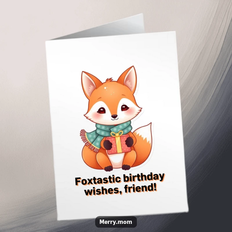 Funny Free Printable Birthday Card: Festive fox in sparkly scarf eagerly holds a gift box, ready to celebrate.