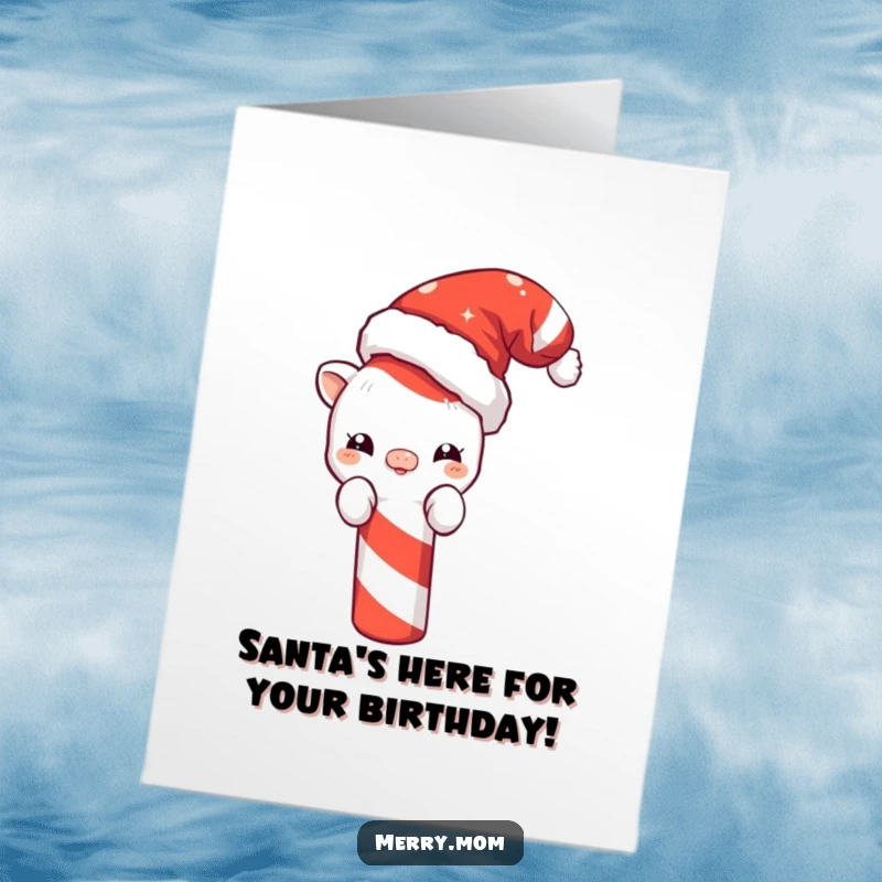 Funny free printable birthday card of a cute creature wearing a Santa hat, peeking shyly behind a huge candy cane.