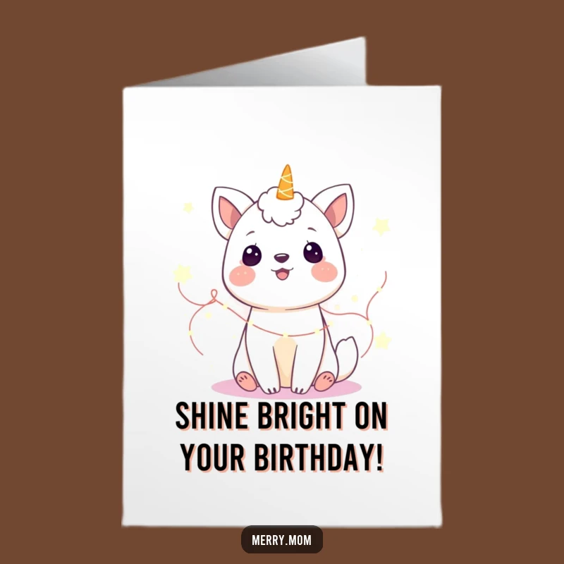 Free Printable Birthday Card: Gleeful Animal in Fairy Lights, Magical Downloadable Gift