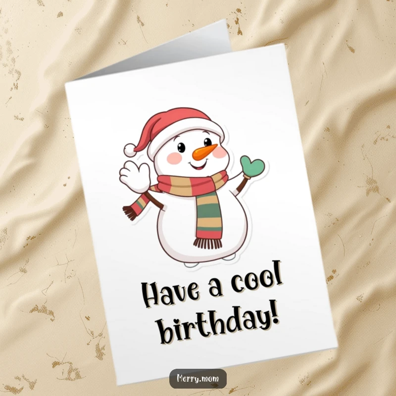 Festive Free Printable Birthday Card: A happy snowman in a festive scarf gives a jolly wave, sending birthday cheer.