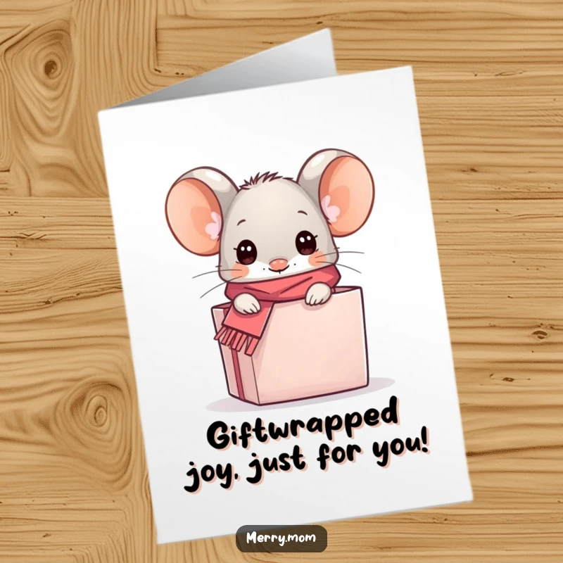 Funny Free Printable Birthday Card: Kawaii mouse in a scarf peeks from a gift box, ready to celebrate.