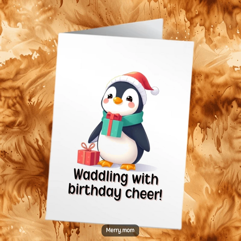 Funny Free Printable Birthday Card: Cheerful penguin in Santa suit expertly balances gifts on its nose, celebrating birthdays.