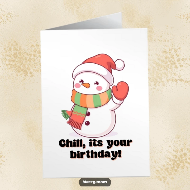 Funny Free Printable Birthday Card showing a kawaii snowman in a festive scarf waving a mitten.