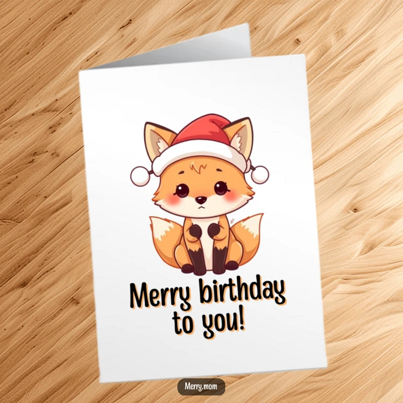Funny Free Printable Fox Birthday Card: Cute fox in Santa hat with anticipation, perfect for a festive birthday surprise.