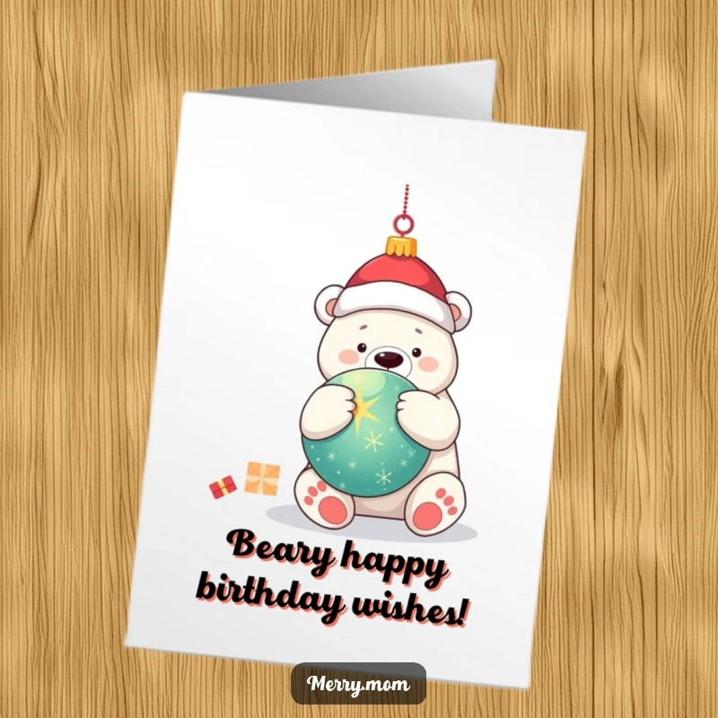 Funny Free Printable Birthday Card: Kawaii polar bear with big eyes hugging a large, twinkling Christmas ornament.