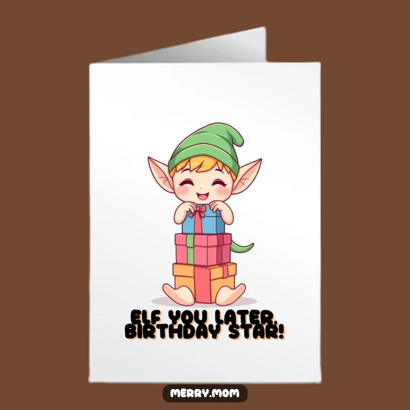 Free Printable Kawaii Elf Birthday Card: Stacked Gifts Funny Downloadable Gift
