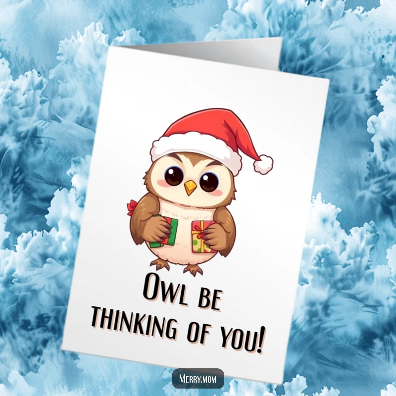 Funny Free Printable Owl Santa Birthday Card: A smiling owl in a Santa hat delivers presents, bringing birthday joy.