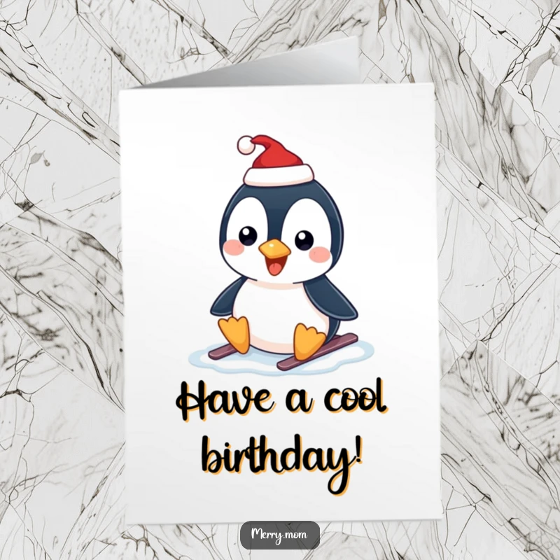 Funny Free Printable Birthday Card: A happy penguin wearing a tiny Santa hat joyfully slides on ice, celebrating your birthday.