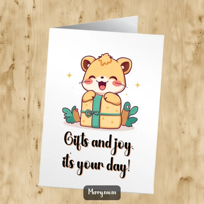 Excited free printable birthday card of a jubilant animal eagerly unwrapping a gift with pure joy and anticipation.