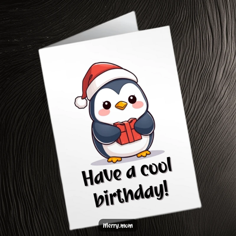 Funny Free Printable Birthday Card: Kawaii penguin wearing a Santa hat, cheerfully holding a gift box.