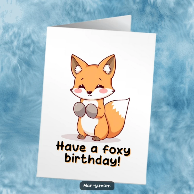 Funny Free Printable Birthday Card: Kawaii fox wearing mittens, shaking snowflakes from its tail, playful winter.