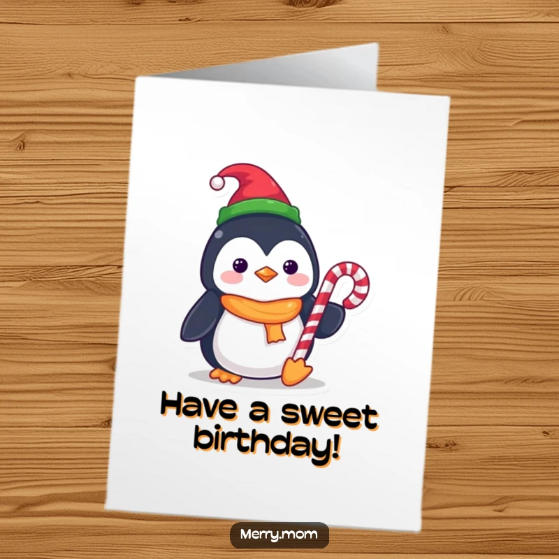 Funny Free Printable Birthday Card: Kawaii penguin in elf hat holding a candy cane, sweet and cheerful.