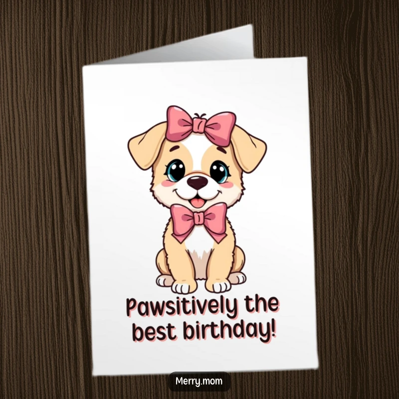 Funny Free Printable Birthday Card: A happy, playful puppy sporting a festive red bow, ready to celebrate.
