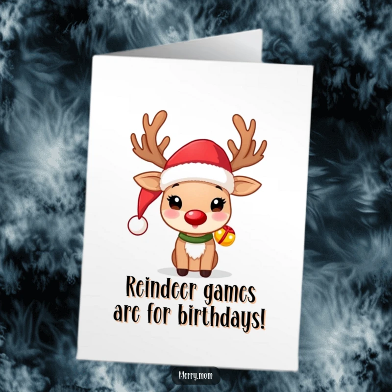 Funny Free Printable Reindeer Birthday Card: Adorable reindeer in Santa hat, jingle bells, spreading holiday cheer for birthdays.