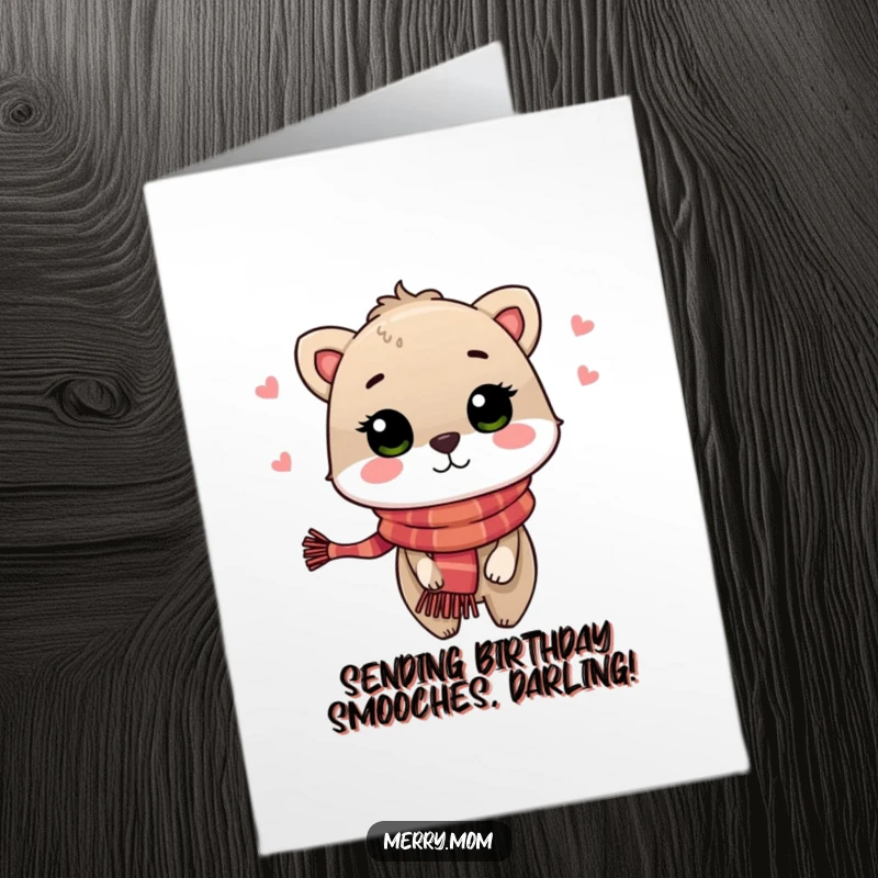 Adorable free printable birthday card of a cute animal in a festive scarf, charmingly blowing a kiss with affection.