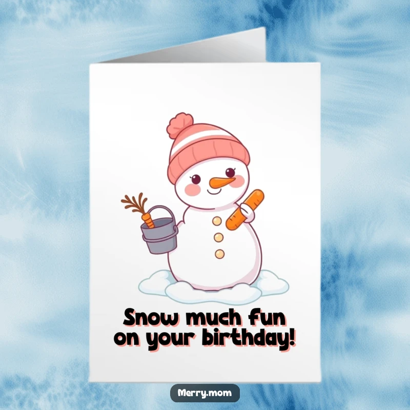 Funny Free Printable Birthday Card: An adorable animal happily building a snowman with a bucket and carrot, celebrating winter.