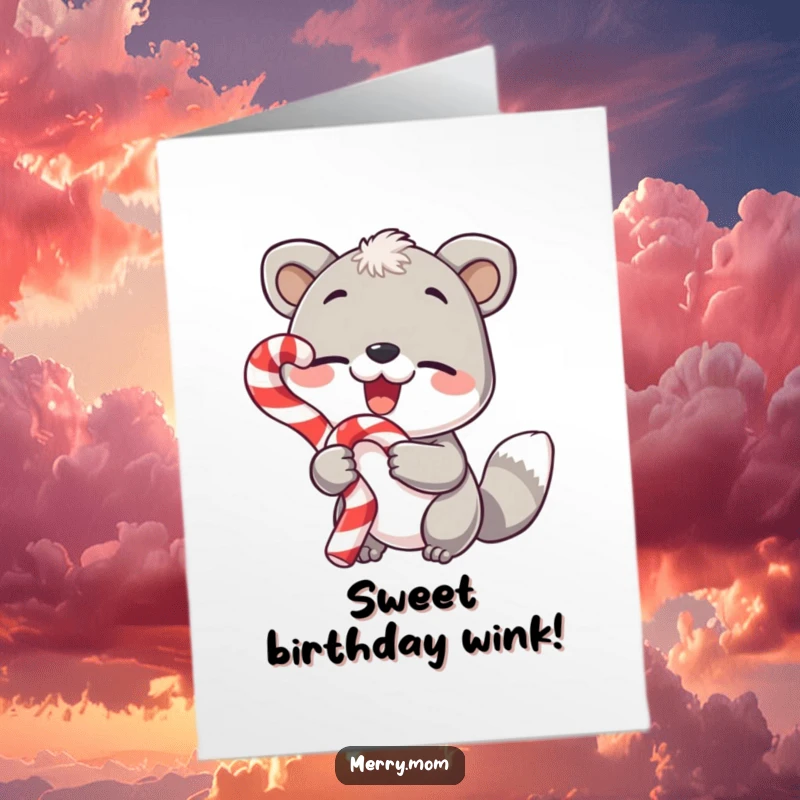 Funny Free Printable Birthday Card featuring a cute animal holding a candy cane while giving a playful, cheerful wink.