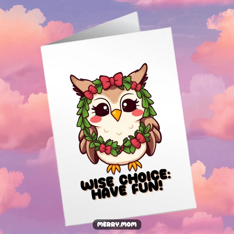 Funny Free Printable Birthday Card: Kawaii owl with festive wreath, hooting happily, birthday celebration.