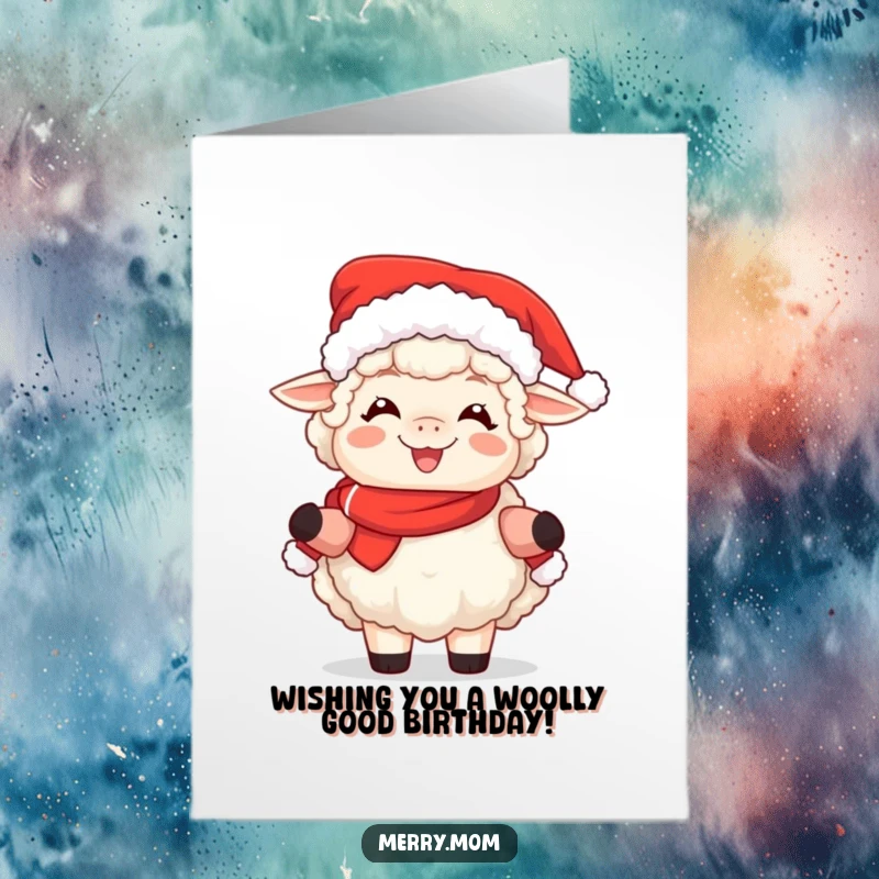 Free Printable Mrs Claus Sheep Birthday Card: A fluffy sheep joyfully dressed as Mrs. Claus, wishing a happy birthday.
