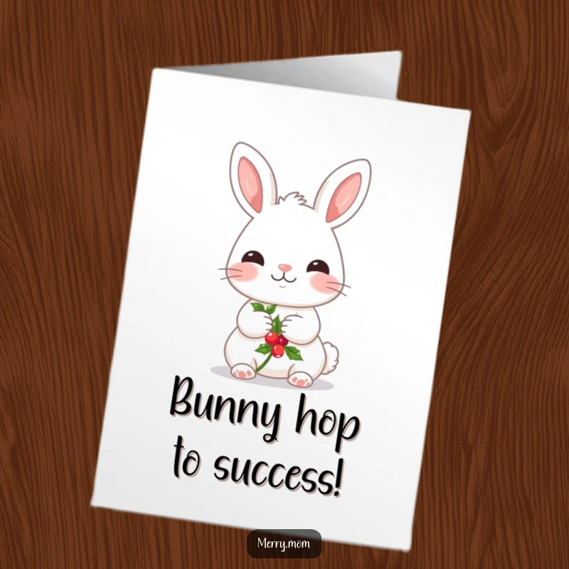 Funny Free Printable Congratulations Card: Kawaii bunny with rosy cheeks holding holly, celebrating an occasion.