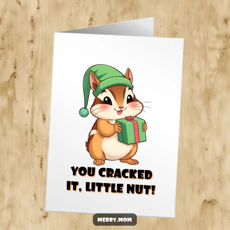 Funny Free Printable Chipmunk Elf Congratulations Card: A chipmunk elf shaking a gift, perfect for congratulatory cheer.