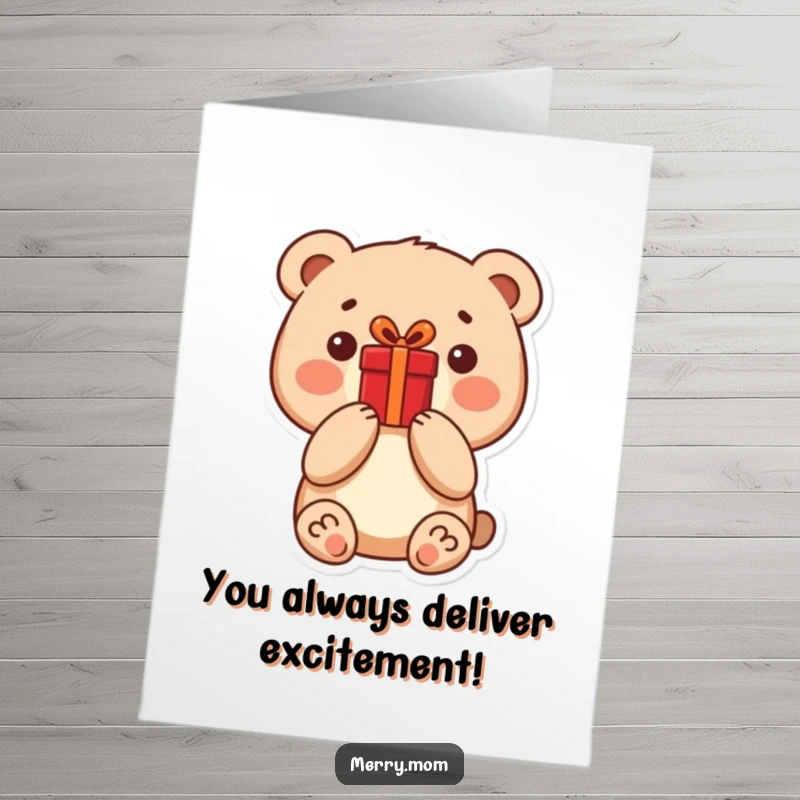 Free Printable Congratulations Card: A small bear presents a bright red gift, symbolizing a joyful occasion.