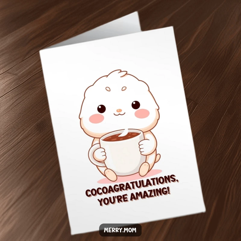 Funny free printable congratulations card: a cute creature with a warm smile cradles a steaming mug of delicious cocoa.