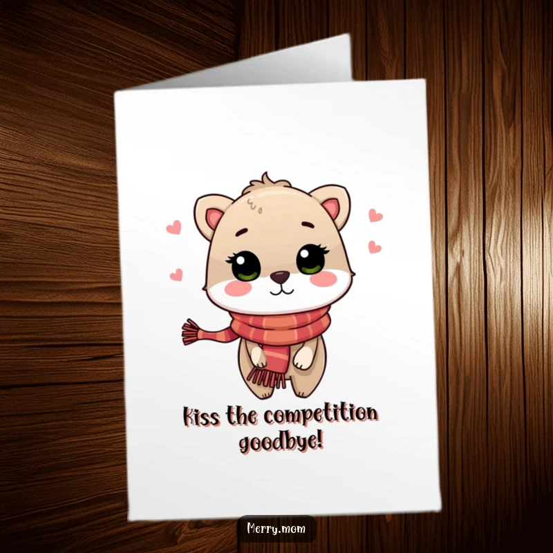 Festive free printable congratulations card showing a cute animal adorned in a scarf, sending a sweet air kiss.