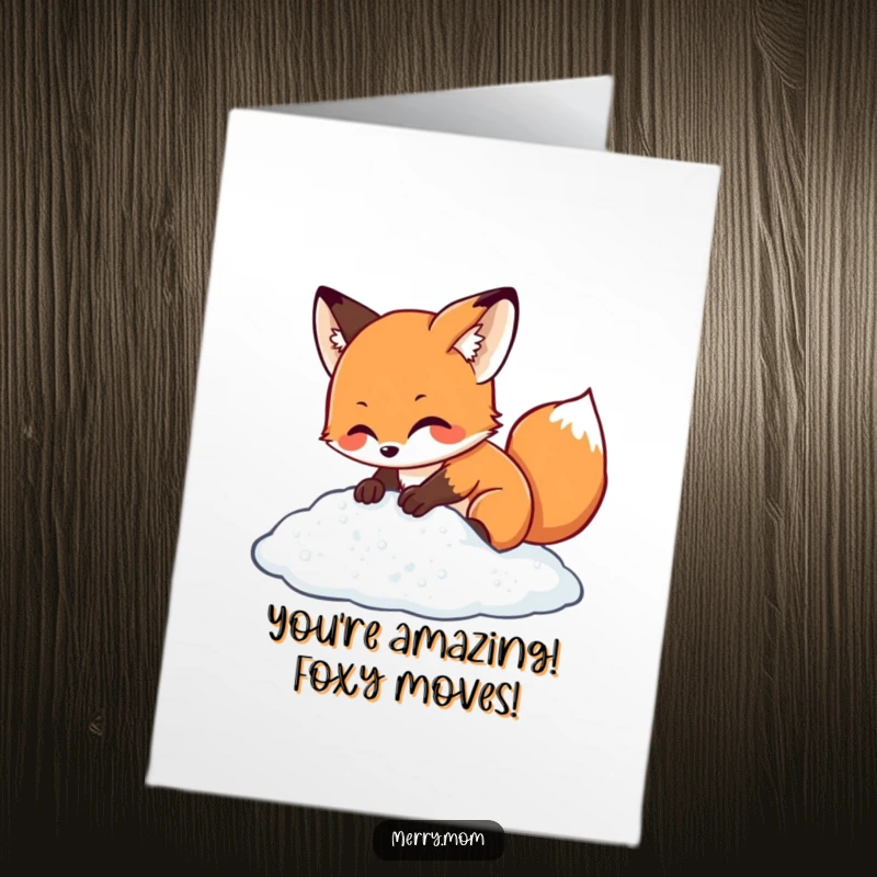 Cute Free Printable Congratulations Card: Kawaii fox excitedly digging into a pile of sparkling snow, celebrating achievement.