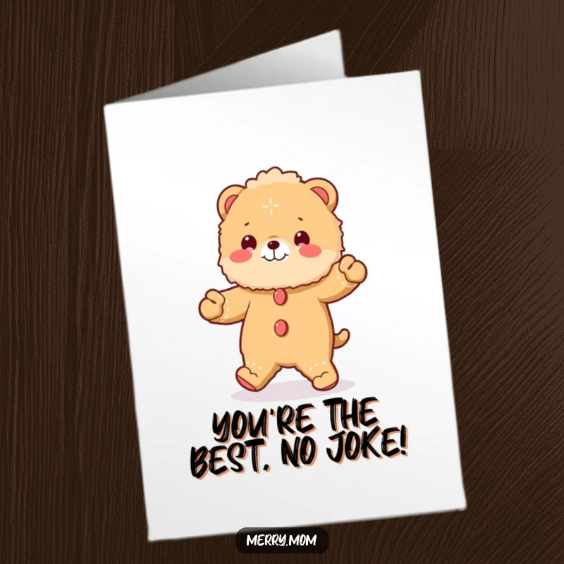Funny Free Printable Congrats Card: A cute, fluffy creature dressed as a gingerbread man doing a happy jig.