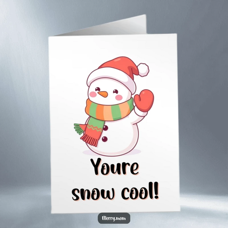 Free Printable Congratulations Card featuring a kawaii snowman in a scarf waving its mitten.
