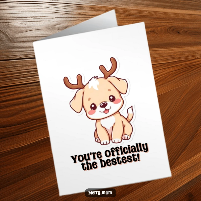 Funny Free Printable Congratulations Card: An enthusiastic kawaii puppy wearing antlers wags its tail, celebrating success.