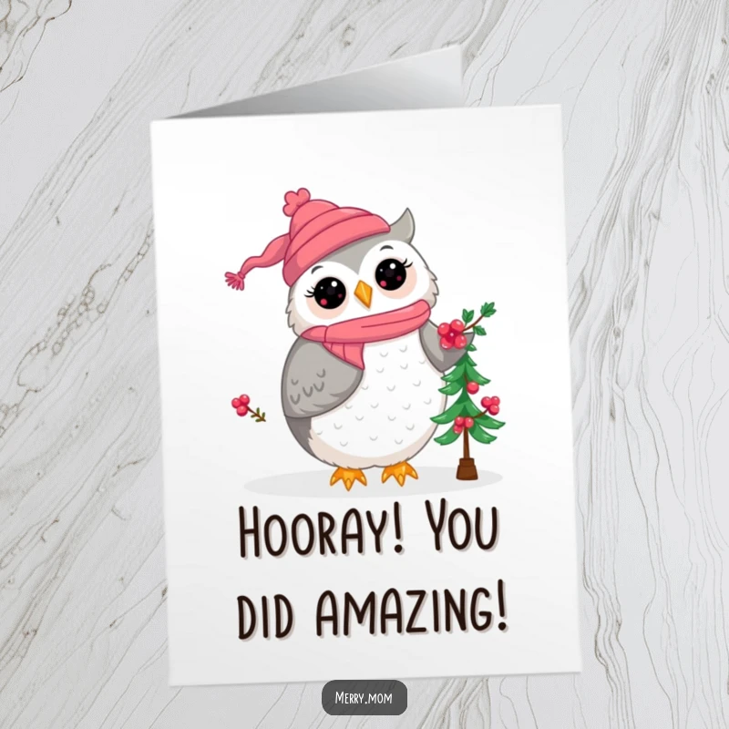 Cute Free Printable Congratulations Card: Kawaii owl mom happily decorating a small Christmas tree with berries, celebrating success.