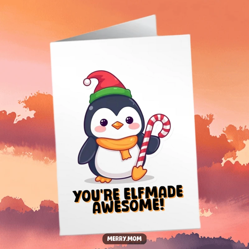 Funny Free Printable Congratulations Card: Kawaii penguin in elf hat, holding a candy cane, celebrating success.