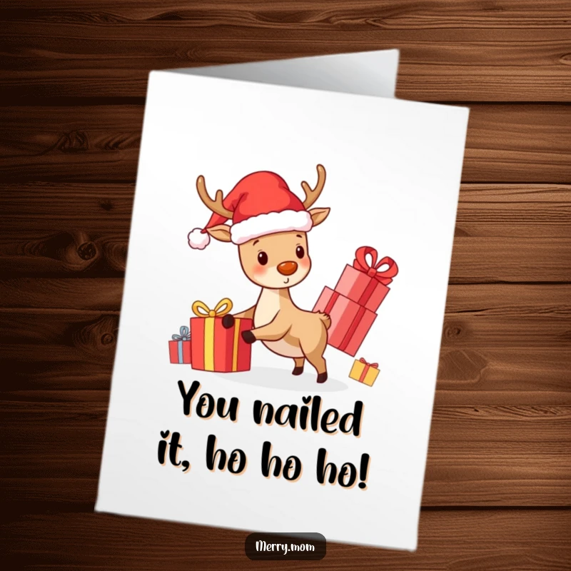 Funny Free Printable Congratulations Card: Kawaii reindeer in Santa hat, a jolly messenger of good news.