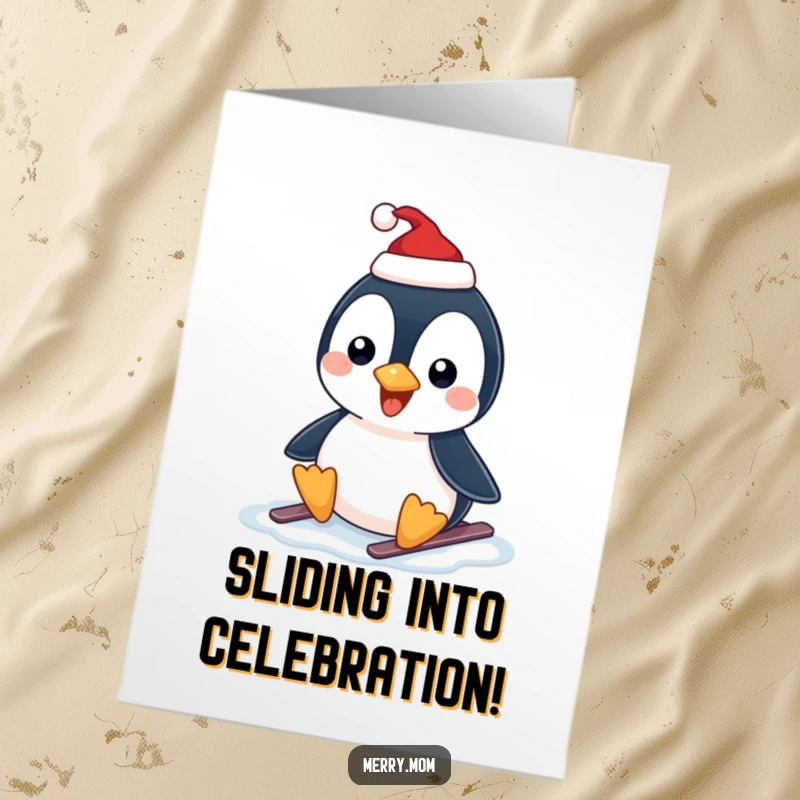 Funny Free Printable Congratulations Card: A happy penguin in a Santa hat slides on ice, celebrating your achievement with glee.
