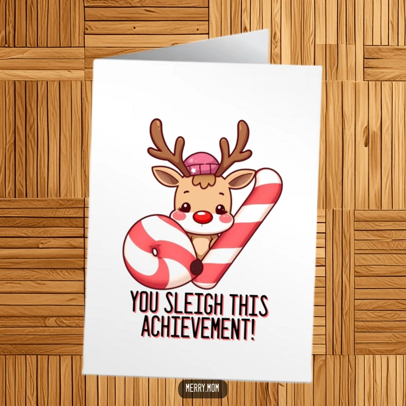 Funny Free Printable Congrats Card: Cute smiling reindeer peeking from behind a large candy cane, celebrating success.