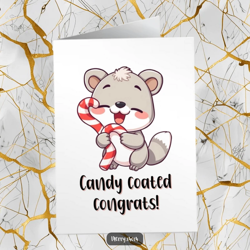 Funny Free Printable Congratulations Card: An animal holds a candy cane and gives a knowing, cheerful wink.