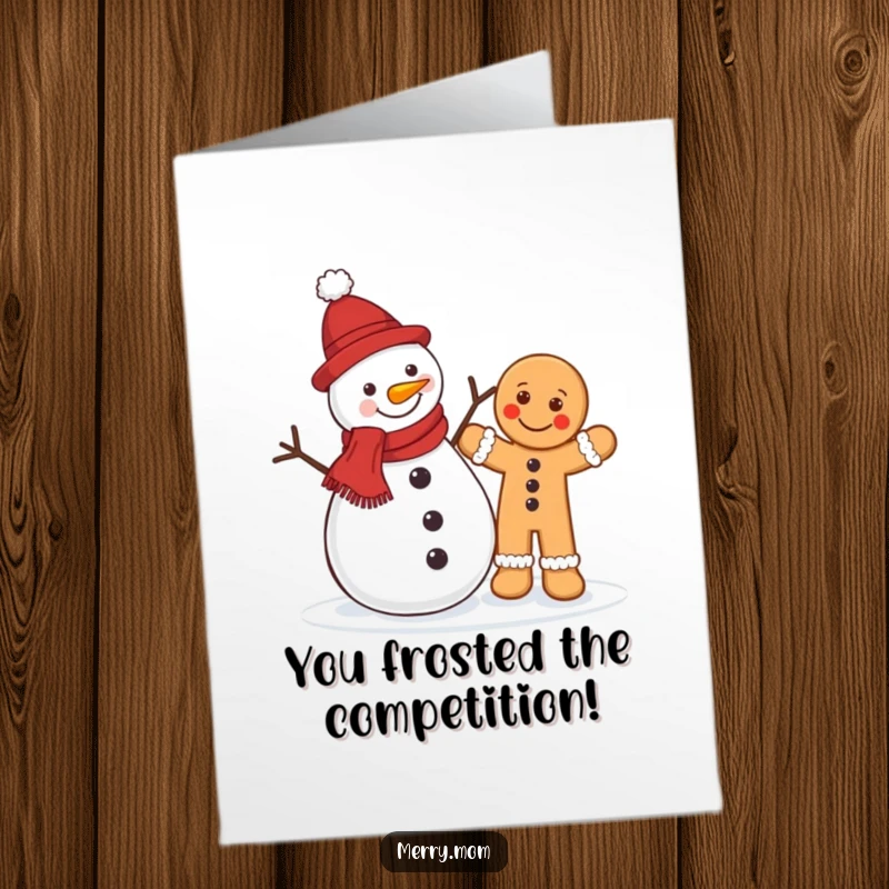 Funny Free Printable Congratulations Card: A jolly snowman and a waving gingerbread man celebrate achievements together, spreading cheer.
